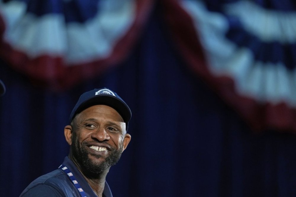 Baseball Hall of Fame inductee CC Sabathia speaks to reporters during a news conference in Cooperstown, N.Y., Saturday, July 26, 2025. (AP Photo/Seth Wenig)