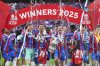 FILE - Crystal Palace players celebrate with the trophy after winning the English FA Cup final soccer match between Crystal Palace and Manchester City at Wembley stadium in London, May 17, 2025. (AP Photo/Kirsty Wigglesworth, File)