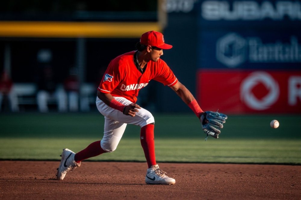 Vancouver Canadians shortstop Arjun Nimmala fields the ball during the fourth inning of a Northwest Minor League Baseball game against the Eugene Emeralds in Vancouver on Wednesday, July 23, 2025. THE CANADIAN PRESS/Ethan Cairns