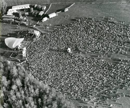 DAVE BONNER / FREE PRESS FILES
                                An aerial view shows some of the thousands of folk music fans who flocked to Birds Hill Provincial Park to attend the fourth annual Winnipeg Folk Festival in 1977. More than 24,000 people attended that festival; organizers said the three-day event was, at the time, the largest folk festival in North America.