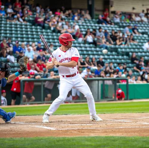 BROOK JONES / FREE PRESS
                                Winnipeg Goldeyes outfielder Max Murphy recorded his team-leading ninth homer of the season against the Fargo-Moorhead RedHawks on Saturday.