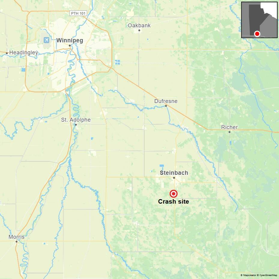 The crash happened on private property south of the Steinbach South Airport, west of Highway 12.