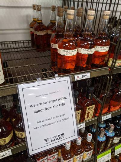 FREE PRESS FILES
                                Empty Manitoba Liquor Mart shelf in February after they pulled U.S. products from store shelves. The Manitoba government is sitting on millions of dollars worth of American booze it paid for then refused to sell after the U.S. threatened to launch a trade war on Canada.