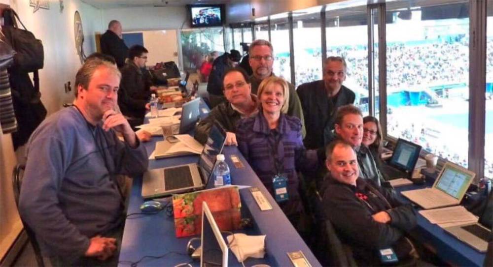 SUPPLIED
Wyman (left) and a media contingent at the old Canad Inns Stadium.