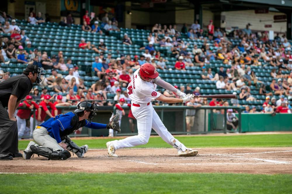 BROOK JONES / FREE PRESS
Winnipeg Goldeyes first baseman Matthew Warkentin’s 11 home runs lead the team this season.