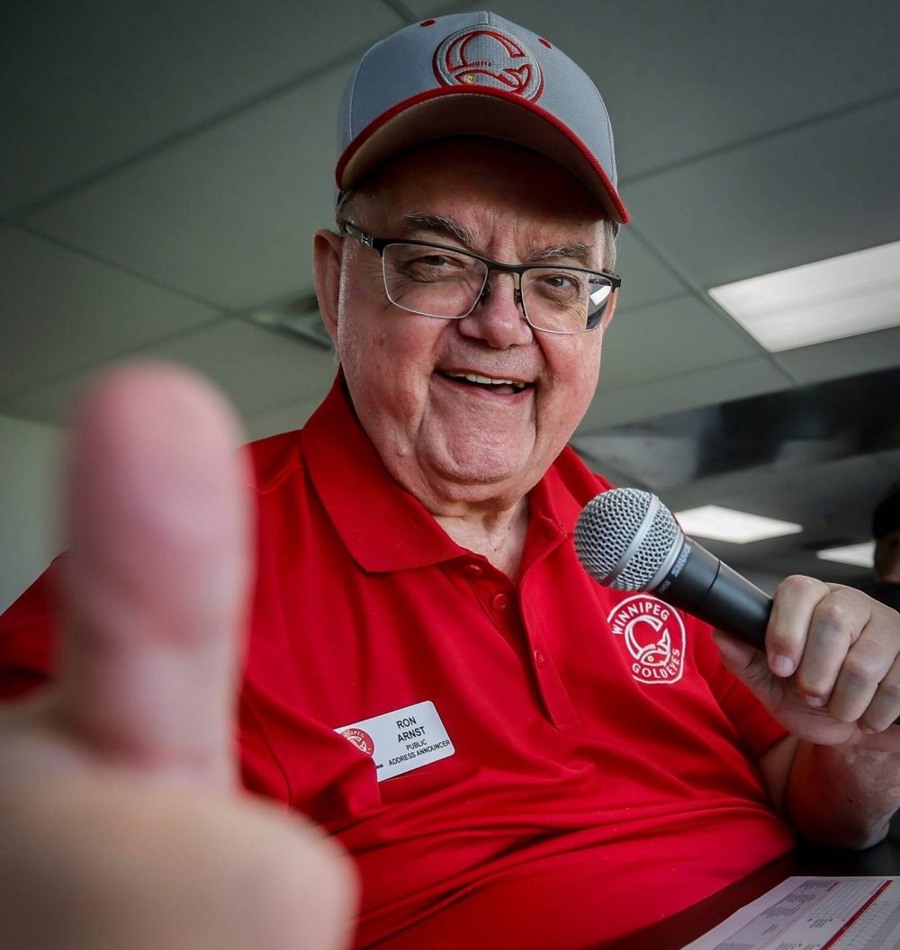 JOHN WOODS / FREE PRESS
Ron Arnst, the in-game announcer for the Winnipeg Goldeyes, has been working with the organization since Season 1. One of his all-time favourite players was Brian Duva.