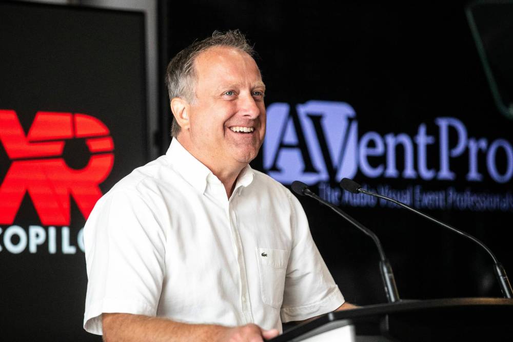 MIKAELA MACKENZIE / FREE PRESS
Garry Hale, owner of AVentPro, speaks at the AVRO XR virtual production studio launch on Wednesday.