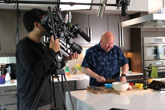 Diabetic Kitchen host Kevin Beaulieu whips up a recipe while filming. (Supplied)