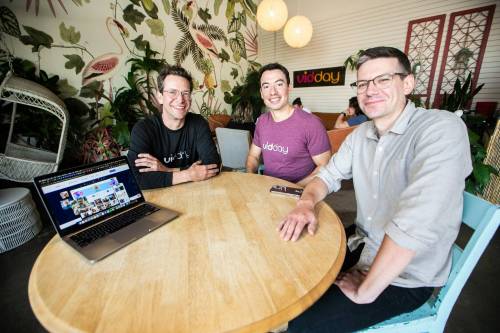 MIKAELA MACKENZIE / FREE PRESS
                                VidDay co-founders Kyle Sierens (left), Denis Devigne, and Jeff Laxson at Kilter Brewing Co. on Thursday, July 17, 2025. For Aaron story. Winnipeg Free Press 2025
