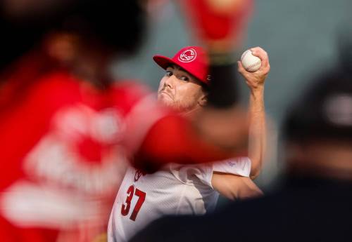JOHN WOODS / FREE PRESS Goldeyes opening pitcher Luke Boyd (37) throws at the Winnipeg Goldeyes vs Fargo-MoorheadRedhawks game in Winnipeg Monday, July 28, 2025. Reporter: taylor