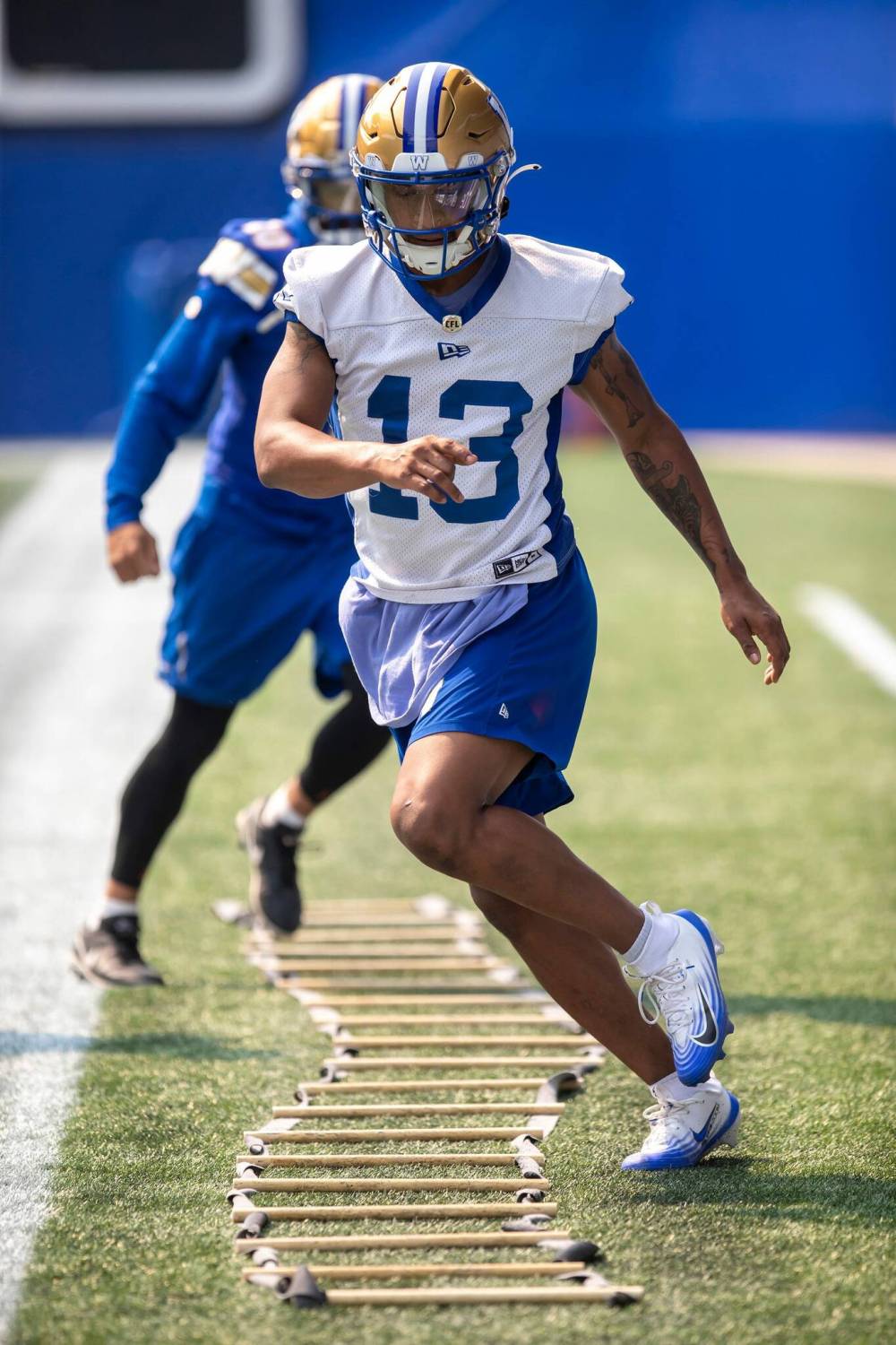BROOK JONES / FREE PRESS
Despite the Winnipeg Blue Bombers’ high-priced investment in the off-season and current injuries to starters, the club is yet to move receiver Dillon Mitchell (13) from the practice roster.