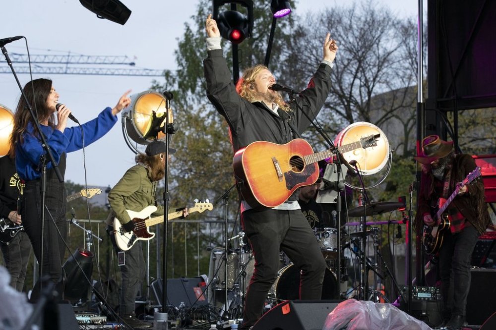 Christian musician Sean Feucht of California sings during a rally at the National Mall in Washington, Sunday, Oct. 25, 2020. (AP Photo/Jose Luis Magana)