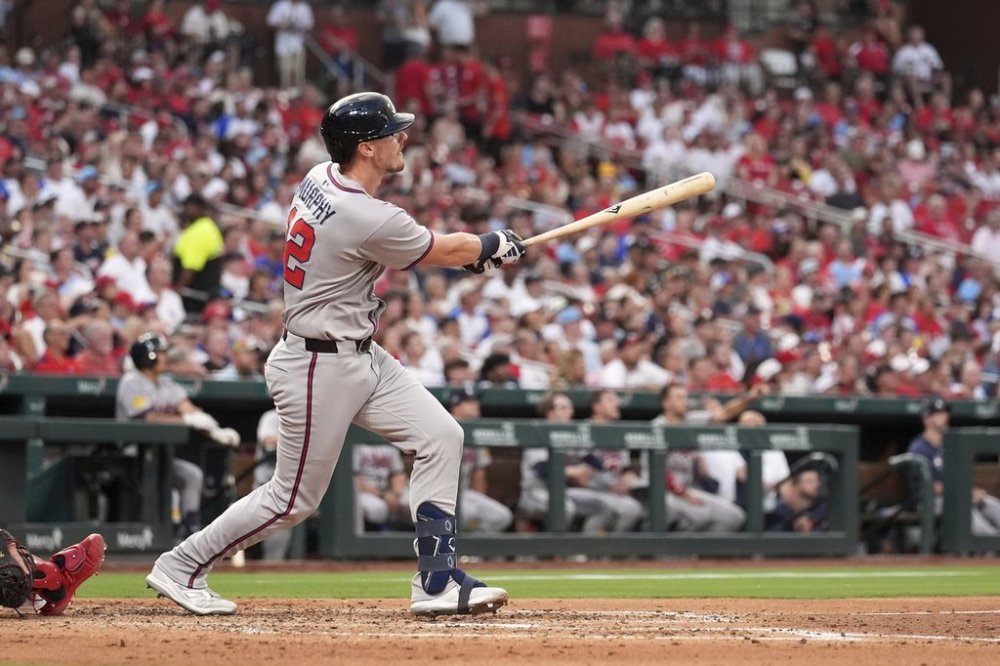 Atlanta Braves' Sean Murphy watches his solo home run during the third inning of a baseball game against the St. Louis Cardinals Friday, July 11, 2025, in St. Louis. (AP Photo/Jeff Roberson)