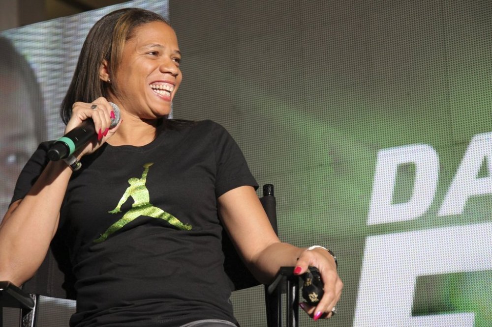 FILE - Paralympic gold medalist April Holmes answers questions at the Jordan Brand's Flight Experience, Friday, Feb. 15, 2013 in Houston. (Omar Vega/Invision for Jordan Brand/AP Images, File)