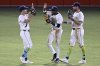 Tampa Bay Rays outfielders Jake Mangum, left, Chandler Simpson and Josh Lowe, right, celebrate their win against the Baltimore Orioles in a baseball game, Saturday, July 19, 2025, in Tampa, Fla. (AP Photo/Phelan M. Ebenhack)