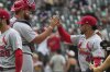 St. Louis Cardinals catcher Iván Herrera, left, celebrates with first baseman Willson Contreras after the Cardinals defeated the Chicago White Sox in the first baseball game of a doubleheader Thursday, June 19, 2025. (AP Photo/Nam Y. Huh)