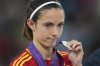 Spain's Aitana Bonmati shows her second place medal at the end of the Women's Euro 2025 final soccer match between England and Spain at St. Jakob-Park in Basel, Switzerland, Sunday, July 27, 2025. (AP Photo/Alessandra Tarantino)