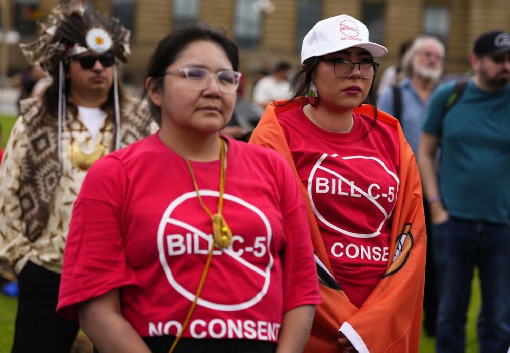 People rally against Bill C-5 on Parliament Hill in Ottawa, on Tuesday, June 17, 2025. THE CANADIAN PRESS/Justin Tang