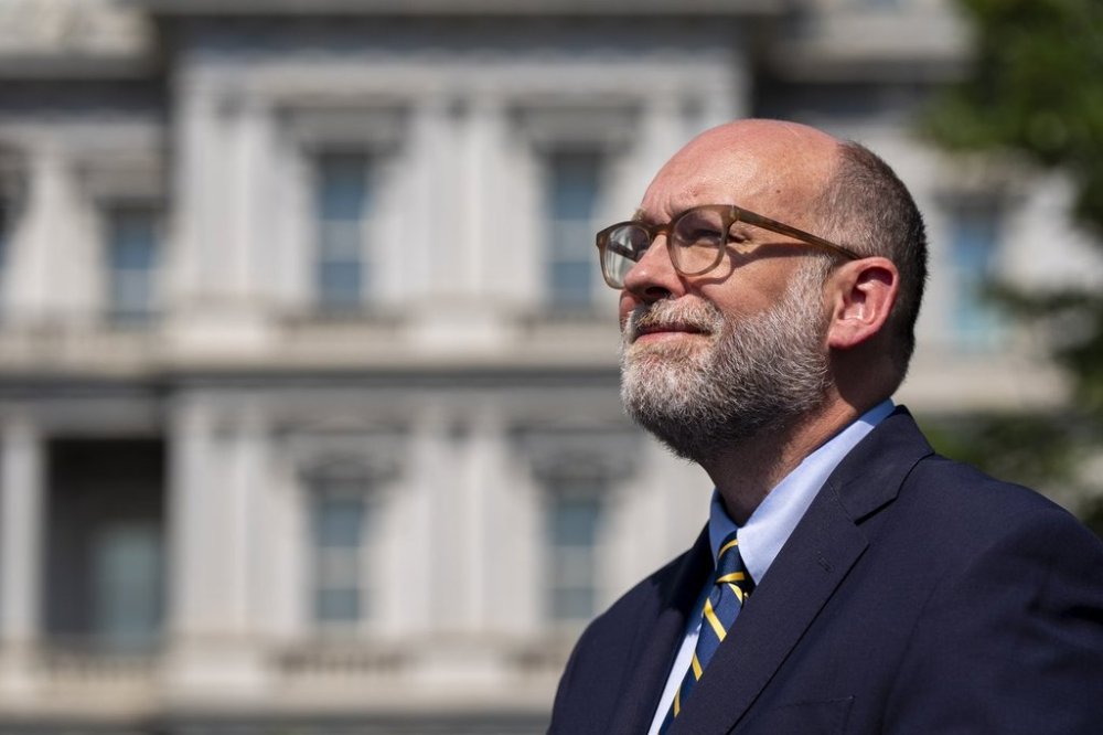 Office of Management and Budget Director Russell Vought speaks with reporters at the White House, Thursday, July 17, 2025, in Washington. (AP Photo/Alex Brandon)