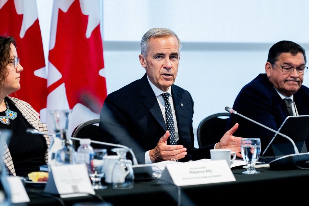 Prime Minister Mark Carney delivers opening remarks ahead of the Métis Major Projects Summit at the Royal Canadian Geographical Society in Ottawa, on Thursday, Aug. 7, 2025. THE CANADIAN PRESS/Spencer Colby