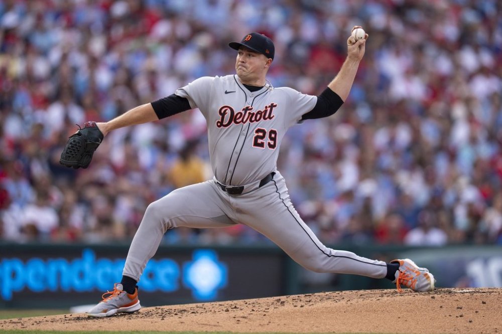 Detroit Tigers starting pitcher Tarik Skubal delivers during the second inning of a baseball game against the Philadelphia Phillies, Saturday, Aug. 2, 2025, in Philadelphia. (AP Photo/Chris Szagola)