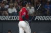 Cleveland Guardians' Kyle Manzardo reacts after a strike out by Detroit Tigers relief pitcher Tommy Kahnle to end a baseball game, Saturday, July 5, 2025, in Cleveland. (AP Photo/Phil Long)