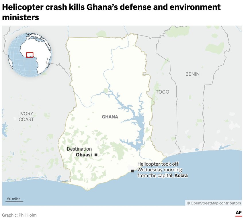 The map above locates the take off and destination points of a helicopter that crashed in Ghana which killed the nation's defense and environment ministers. (AP Digital Embed)