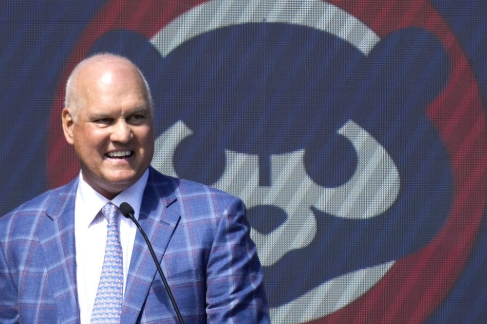 FILE - Former Chicago Cubs player Ryne Sandberg speaks before the team unveils a statue of him before a baseball game against the New York Mets in Chicago, Sunday, June 23, 2024. (AP Photo/Nam Y. Huh,File)