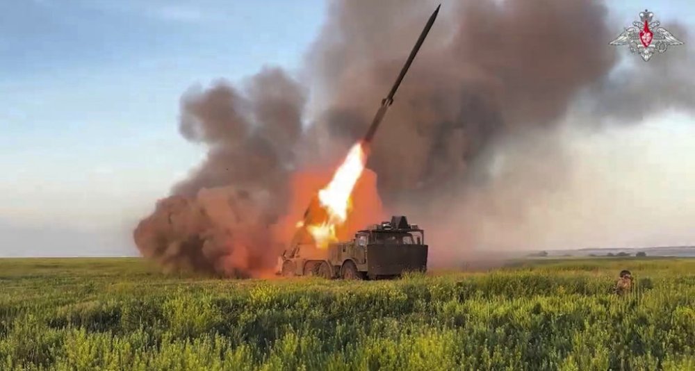 FILE - In this photo taken from video distributed by Russian Defense Ministry Press Service on Thursday, July 17, 2025, a Russian self-propelled multiple rocket launcher fires towards a Ukrainian position in Ukraine. (Russian Defense Ministry Press Service via AP, file)