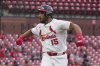 St. Louis Cardinals' Jose Fermin celebrates after hitting a two-run home run during the sixth inning of a baseball game against the Atlanta Braves Sunday, July 13, 2025, in St. Louis. (AP Photo/Jeff Roberson)