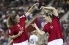 Norway's Signe Gaupset, left, celebrates with her teammate Elisabeth Terland, right, after scoring the opening goal during the UEFA Women's EURO 2025 Group A soccer match between Norway and Iceland in Thun, Switzerland, Thursday, July 10, 2025. (Peter Klaunzer/Keystone via AP)