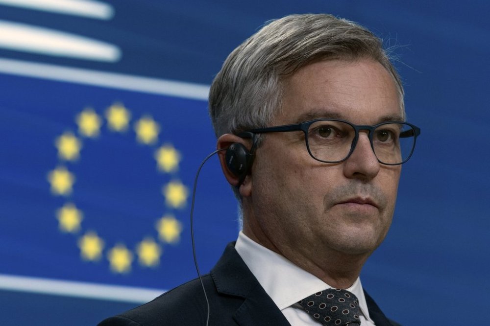FILE - European Commissioner for Internal Affairs and Migration Magnus Brunner speaks during a media conference after a meeting of EU justice and interior ministers at the European Council building in Brussels, Dec 12, 2024. (AP Photo/Omar Havana, File)