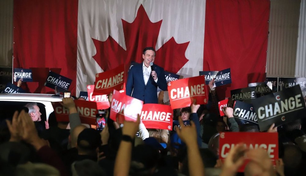 Conservative Leader Pierre Poilievre addresses supporters at a whistle stop mini rally in Sudbury, Ont., on Saturday, April 26, 2025. THE CANADIAN PRESS/Gino Donato