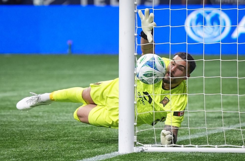 Valour FC goalkeeper Eleias Himaras allows the winning goal to Vancouver Whitecaps' Bjorn Inge Utvik, not seen, during second half Canadian Championship quarterfinal soccer action, in Vancouver, B.C., Wednesday, July 9, 2025. THE CANADIAN PRESS/Darryl Dyck