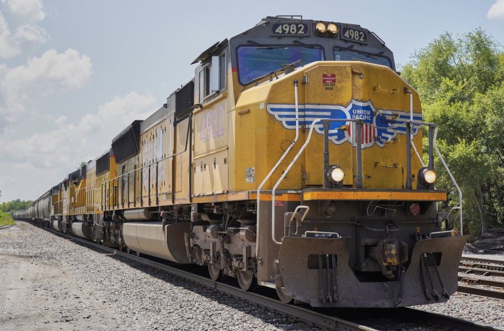 FILE - A Union Pacific train travels through Union, Neb., July 31, 2018. (AP Photo/Nati Harnik, File)