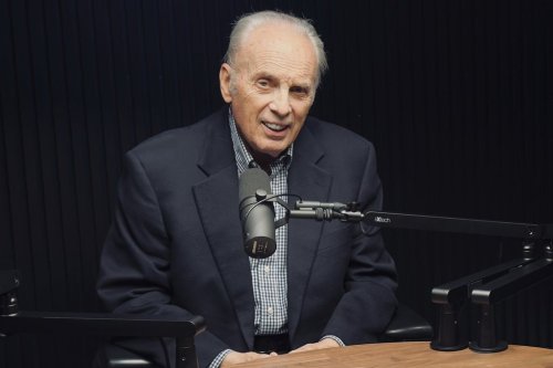 In this photo provided by Answersingenesis.org, Rev. John MacArthur, left, is seen at his Los Angeles studio in 2024. (Answersingenesis.org via AP)