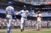 Los Angeles Dodgers' Michael Conforto, center, scores against the San Francisco Giants on Hyeseong Kim's single during the sixth inning of a baseball game Saturday, July 12, 2025, in San Francisco. (AP Photo/Godofredo A. Vásquez)