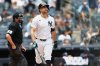 New York Yankees' Giancarlo Stanton reacts after hitting a home run in the first inning of a baseball game against the Tampa Bay Rays, Thursday, July 31, 2025, in New York. (AP Photo/Heather Khalifa)