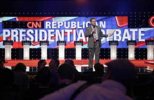 FILE - CNN Washington bureau chief Sam Feist talks to members of the press during the Republican presidential debate at the Venetian Hotel & Casino on Tuesday, Dec. 15, 2015, in Las Vegas. (AP Photo/Chris Carlson,File)
