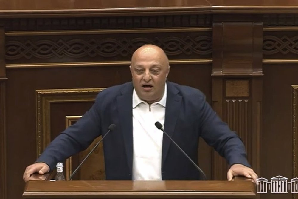 In this photo taken from video released by Armenia's National Assembly on Tuesday, July 8, 2025, Armenian lawmaker Artur Sargsyan, who represents the opposition bloc, delivers a speech at Armenia's National Assembly in Yerevan, Armenia. (Armenian National Assembly via AP)