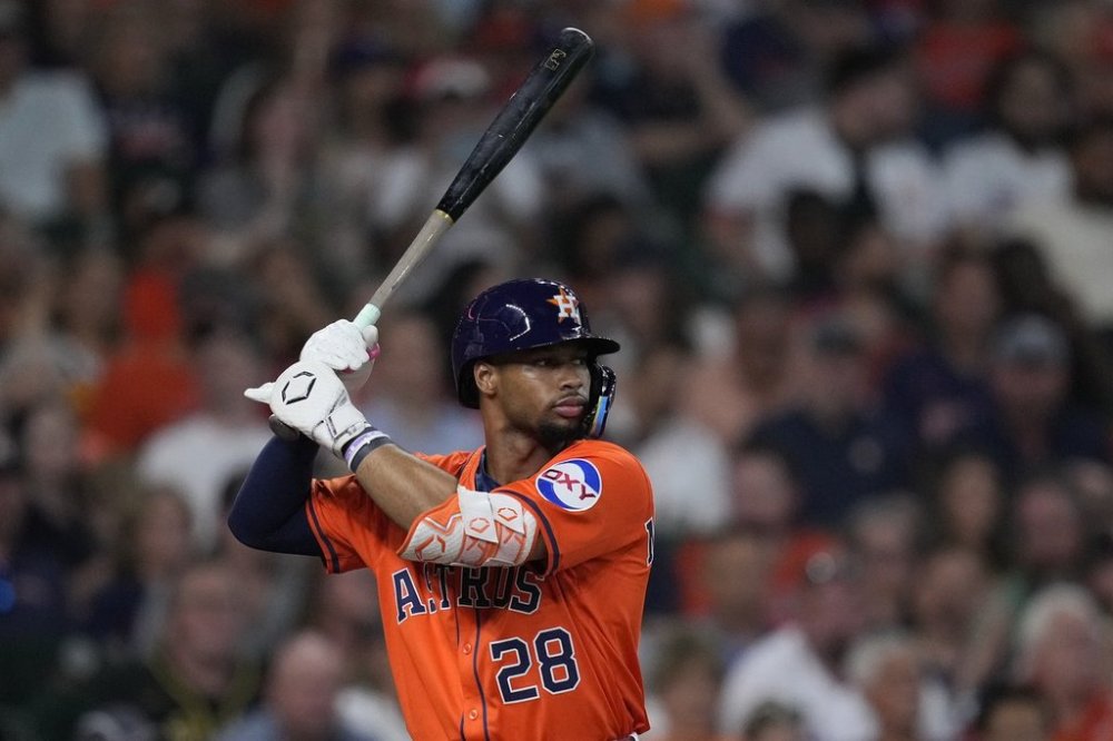 Houston Astros' Brice Matthews takes his first Major League at bat during the second inning of a baseball game against the Texas Rangers, Friday, July 11, 2025, in Houston. (AP Photo/Kevin M. Cox)
