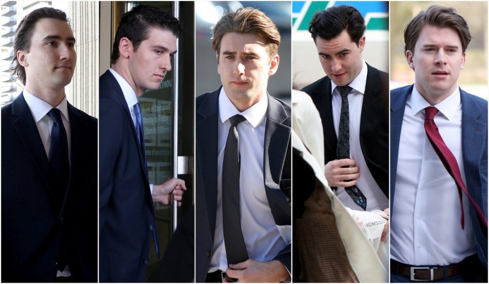 A composite image of five photographs show former members of Canada's 2018 World Juniors hockey team, left to right, Alex Formenton, Cal Foote, Michael McLeod, Dillon Dube and Carter Hart as they individually arrived to court in London, Ont., Tuesday, April 22, 2025. THE CANADIAN PRESS/Nicole Osborne