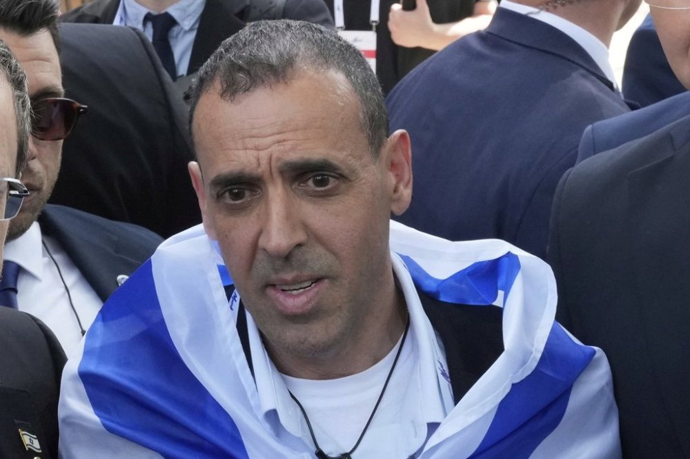 FILE - Eli Sharabi, a freed Israeli hostage, appears at a Holocaust remembrance event at Auschwitz-Birkenau State Museum, a former Nazi German concentration camp, in Oswiecim, Poland on April 24, 2025. (AP Photo/Czarek Sokolowski, File)