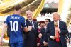 President Donald Trump, from right, and FIFA President Gianni Infantino present Chelsea's Cole Palmer with the golden ball trophy after Chelsea won against Paris St Germain in the Club World Cup final, at MetLife Stadium in East Rutherford, N.J., Sunday, July 13, 2025. (Kevin Lamarque/Pool Photo via AP)