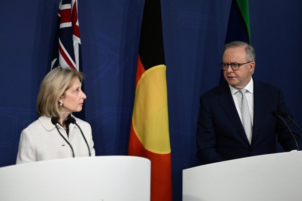 Australian Prime Minister Anthony Albanese and Special Envoy to Combat Antisemitism Jillian Segal speak to media during a press conference at the Commonwealth Parliamentary Offices in Sydney, Thursday, July 10, 2025. (Dan Himbrechts/AAPImage via AP)