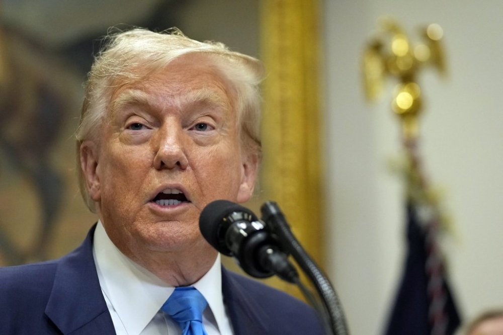 President Donald Trump speaks in the Roosevelt Room at the White House, Wednesday, July 30, 2025, in Washington. (AP Photo/Mark Schiefelbein)