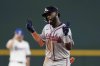 Atlanta Braves' Michael Harris II celebrates after his solo home run in the sixth inning of a baseball game against the Texas Rangers, Saturday, July 26, 2025, in Arlington, Texas. (AP Photo/Tony Gutierrez)