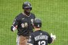 Chicago White Sox's Luis Robert Jr. (88) is greeted by Colson Montgomery as he returns to the dugout after hitting a solo home run off Pittsburgh Pirates pitcher Bailey Falter during the fourth inning of a baseball game in Pittsburgh, Friday, July 18, 2025. (AP Photo/Gene J. Puskar)