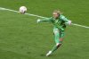 FILE - England goalkeeper Hannah Hampton kicks the ball during the Women's Euro 2025 final soccer match between England and Spain at St. Jakob-Park in Basel, Switzerland, Sunday, July 27, 2025. (AP Photo/Michael Probst, file)