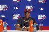 Los Angeles Dodgers prospect Josue De Paula speaks during a news conference at Truist Park, Saturday, July, 12, 2025 in Atlanta. (AP Photo/Charles Odum)